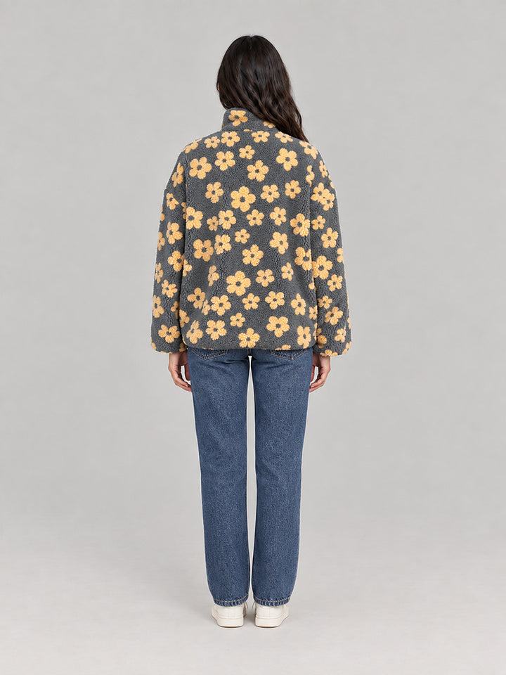 Women's floral plush half zip jumper with a lapel collar