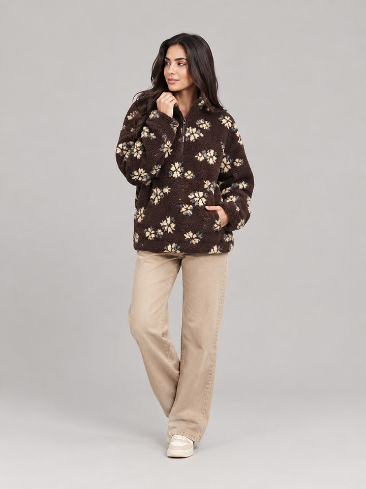 Women's floral plush half zip jumper with a lapel collar in brown