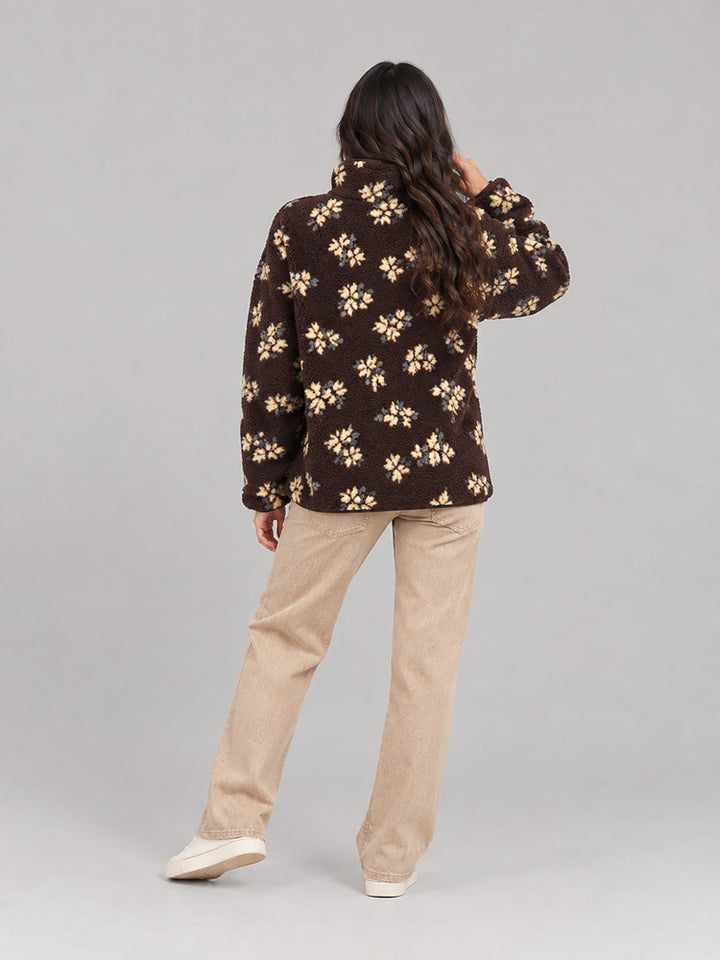 Women's floral plush half zip jumper with a lapel collar