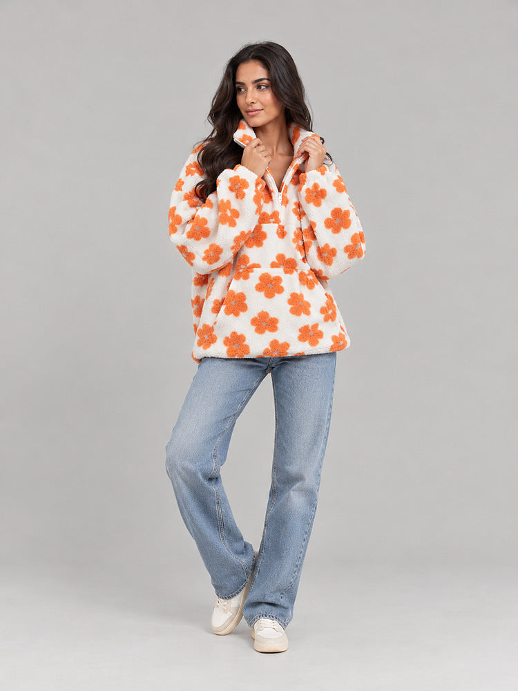 Women's floral plush half zip jumper with a lapel collar in white