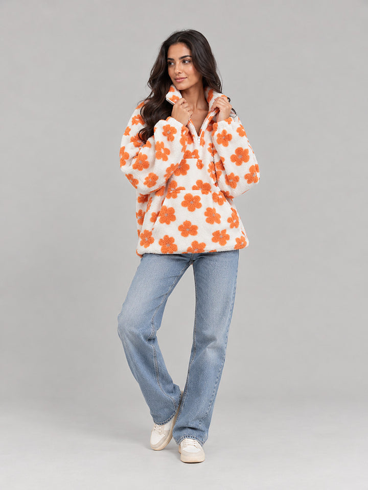 Women's floral plush half zip jumper with a lapel collar in white