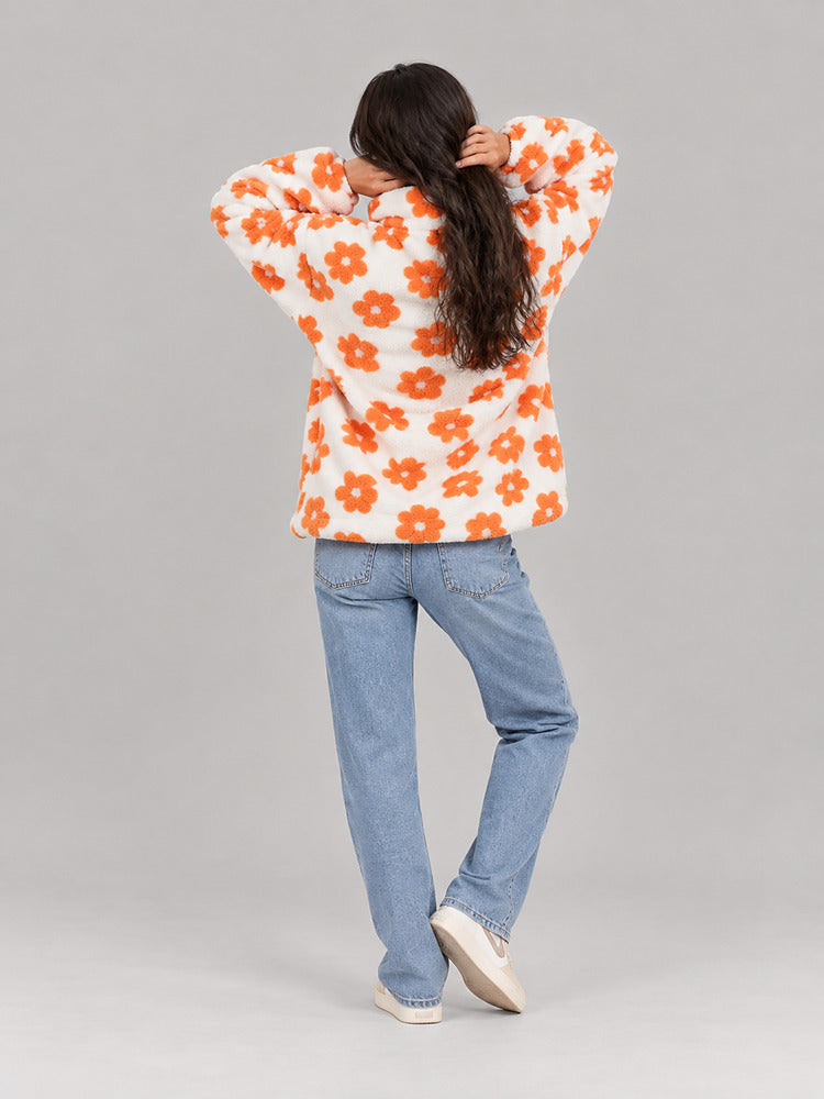 Women's floral plush half zip jumper with a lapel collar