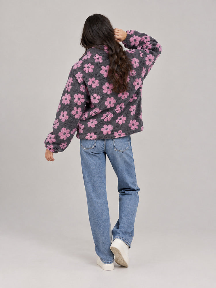 Women's floral plush half zip jumper with a lapel collar