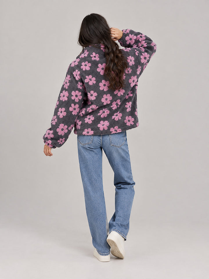 Women's floral plush half zip jumper with a lapel collar