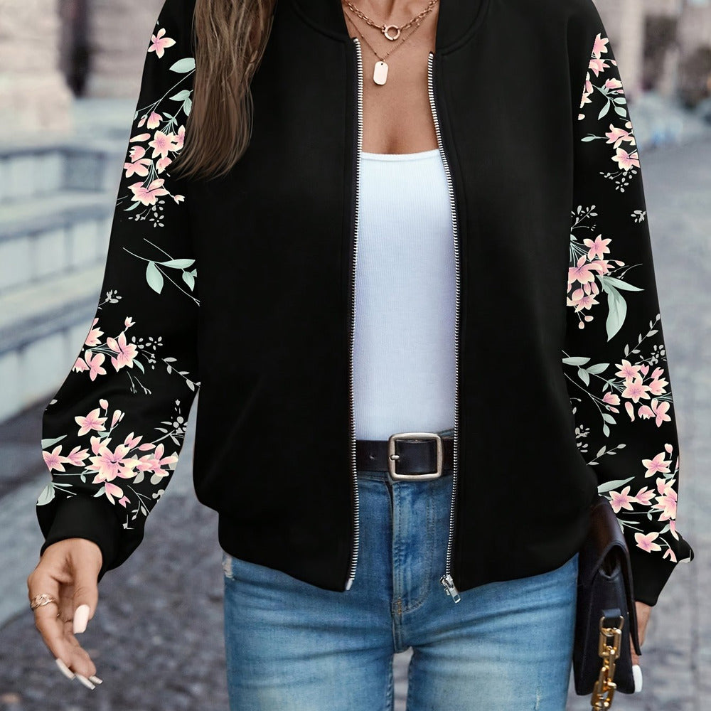 Women's floral sleeve bomber jacket in black