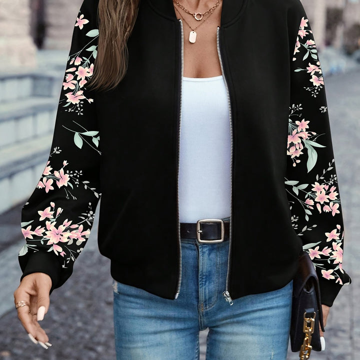 Women's floral sleeve bomber jacket in black