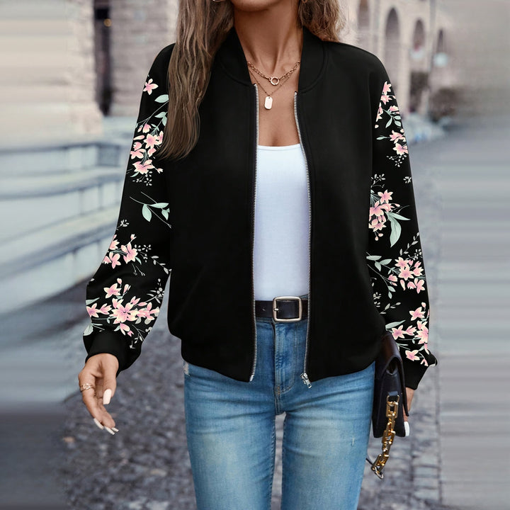 Women's floral sleeve bomber jacket, front view