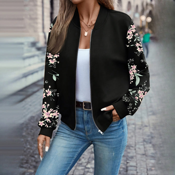 Women's floral sleeve bomber jacket, open front view