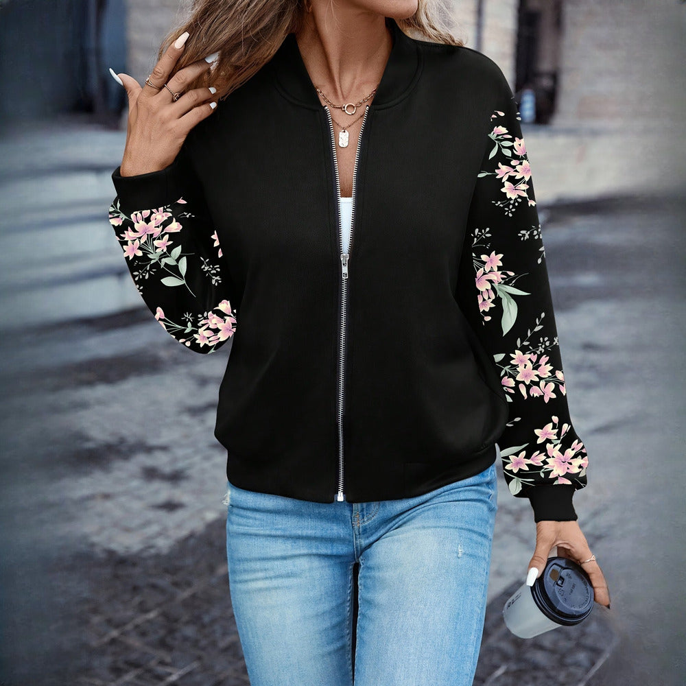 Women's floral sleeve bomber jacket, zipped up