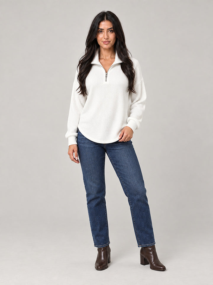 Women's half zip waffle knit jumper with stand collar in white