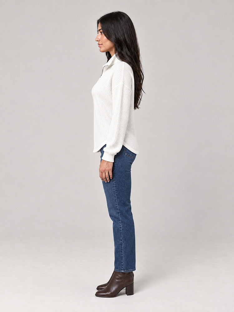 Women's half zip waffle knit jumper with stand collar