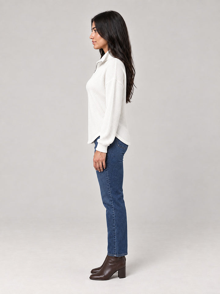 Women's half zip waffle knit jumper with stand collar