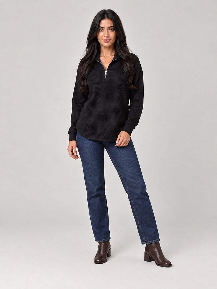 Women's half zip waffle knit jumper with stand collar in black