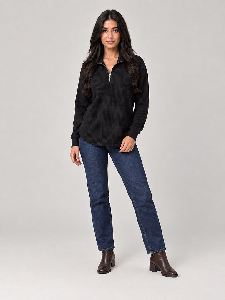Women's half zip waffle knit jumper with stand collar in black