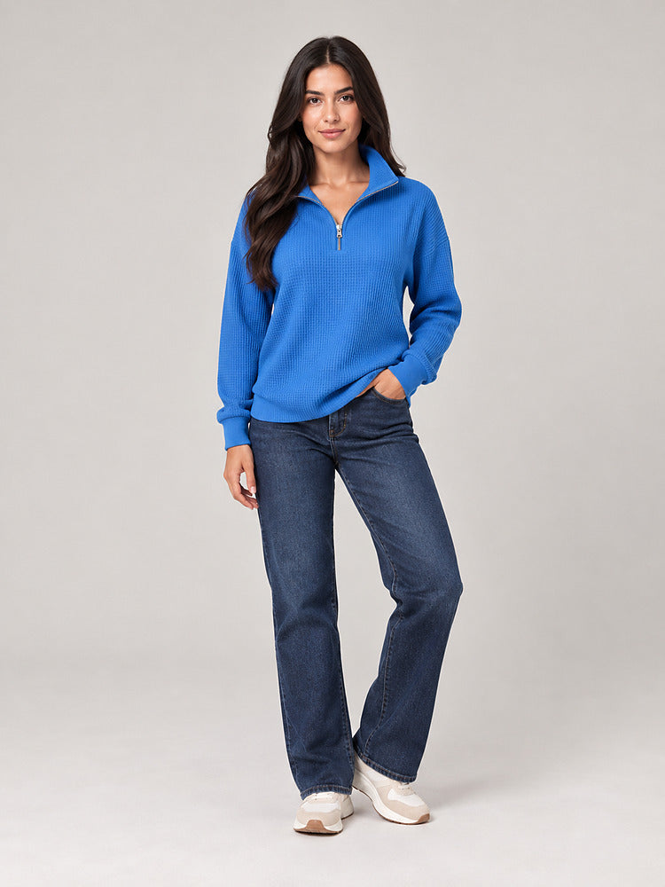 Women's half zip waffle knit jumper with stand collar in blue