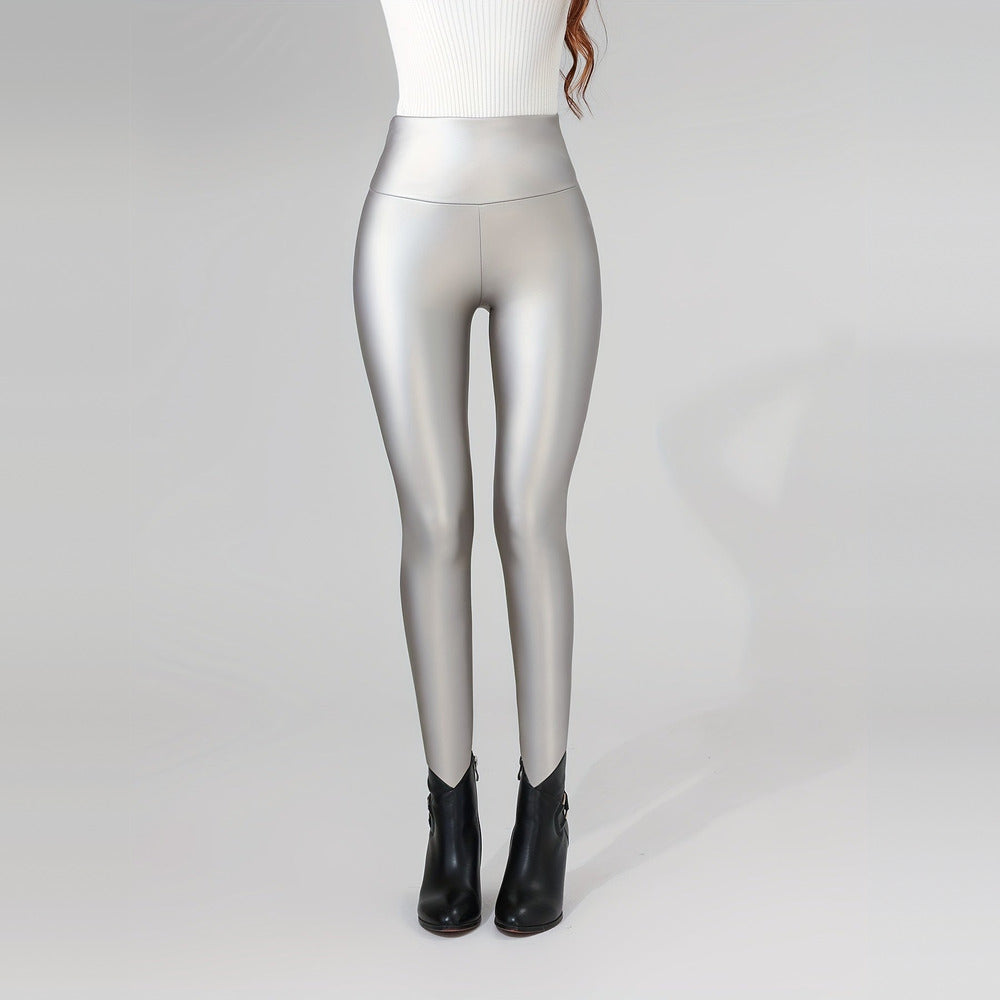 Women's high-shine leggings in silver, front view
