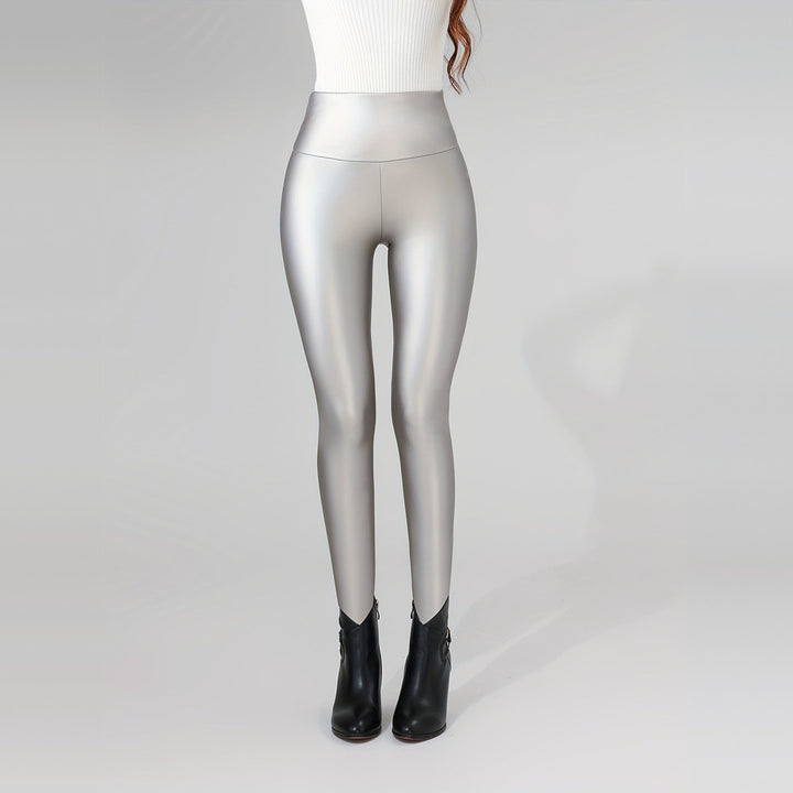 Women's high-shine leggings in silver, front view