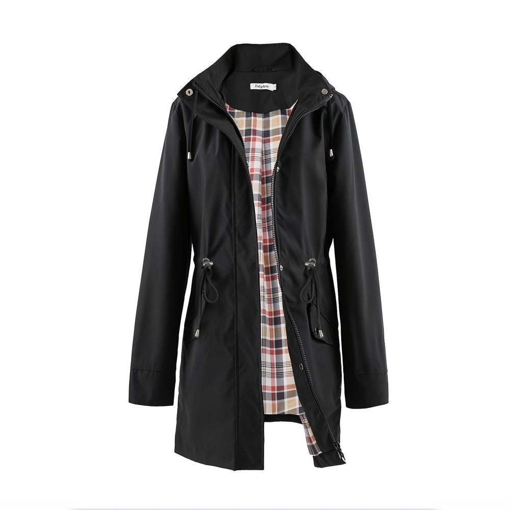 Women's hooded drawstring parka jacket in black, front view