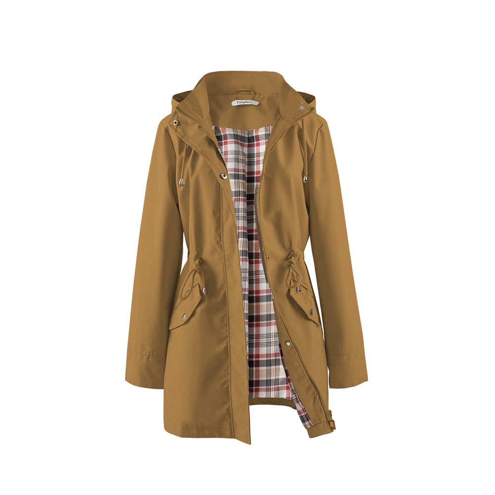 Women's hooded drawstring parka jacket in camel, front view