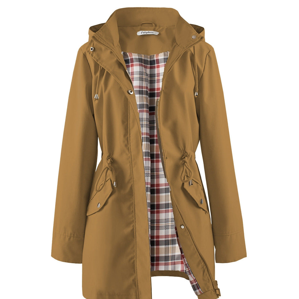 Women's hooded drawstring parka jacket in camel