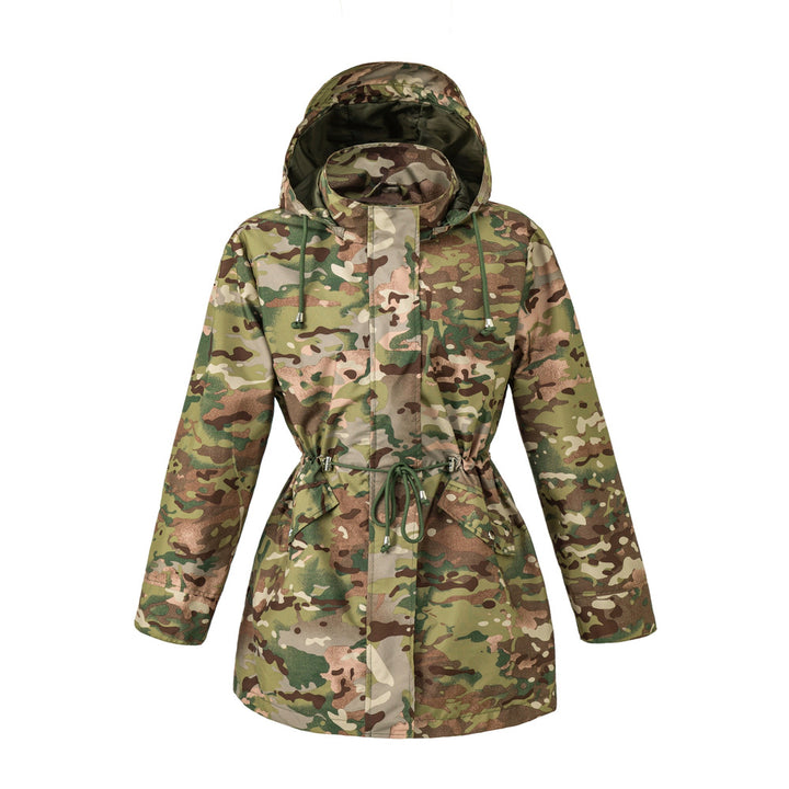 Women's hooded drawstring parka jacket in camo, front view