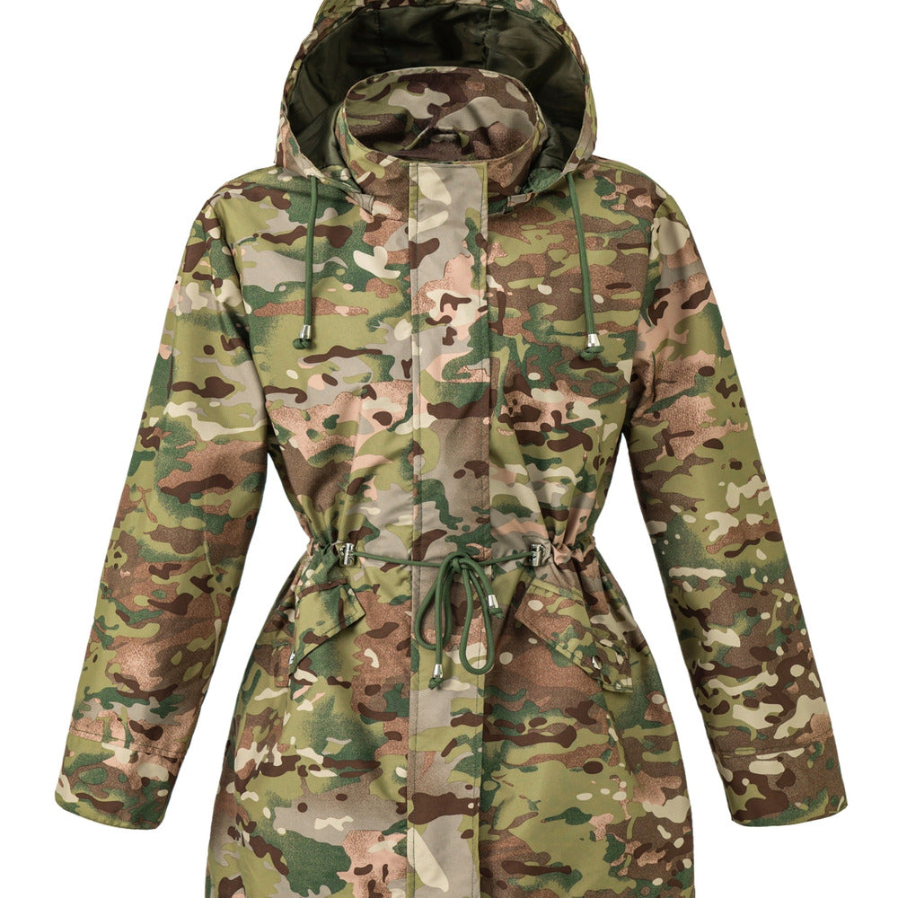 Women's hooded drawstring parka jacket in camo