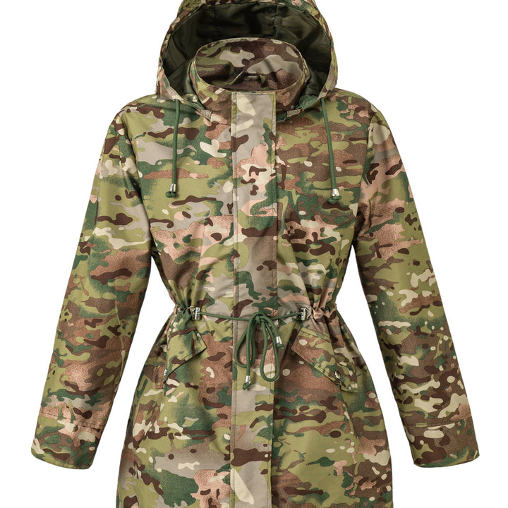 Women's hooded drawstring parka jacket in camo