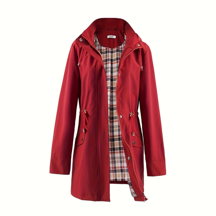 Women's hooded drawstring parka jacket in dark red, front view