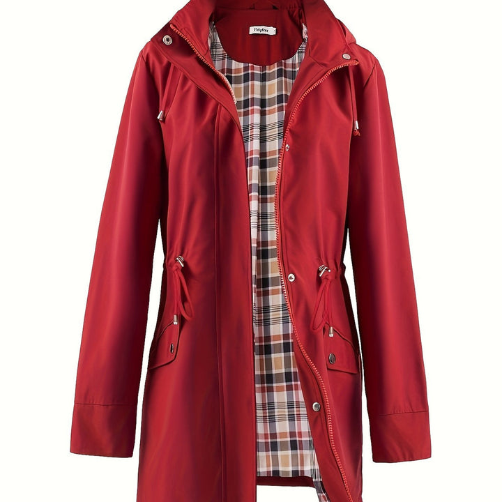 Women's hooded drawstring parka jacket in dark red