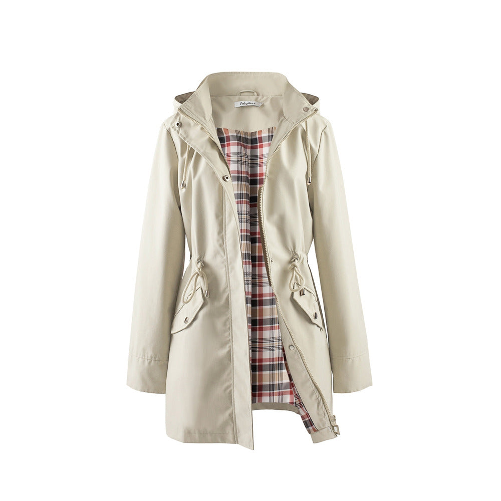 Women's hooded drawstring parka jacket in khaki, front view