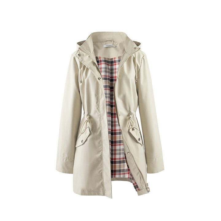 Women's hooded drawstring parka jacket in khaki, front view