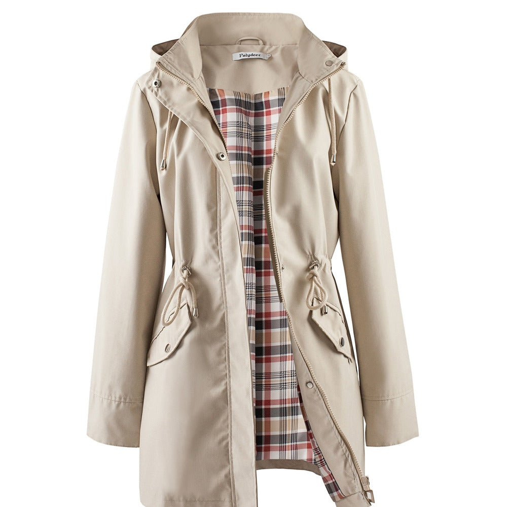 Women's hooded drawstring parka jacket in khaki