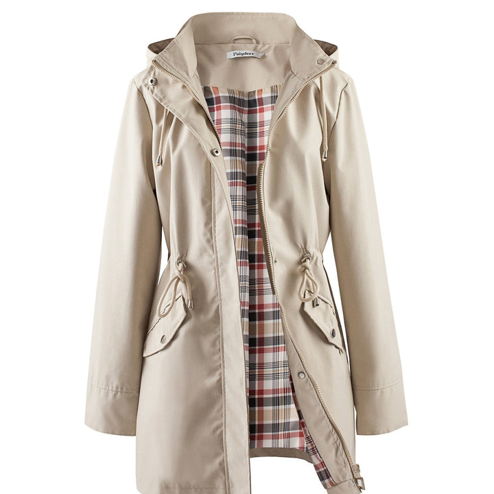 Women's hooded drawstring parka jacket in khaki