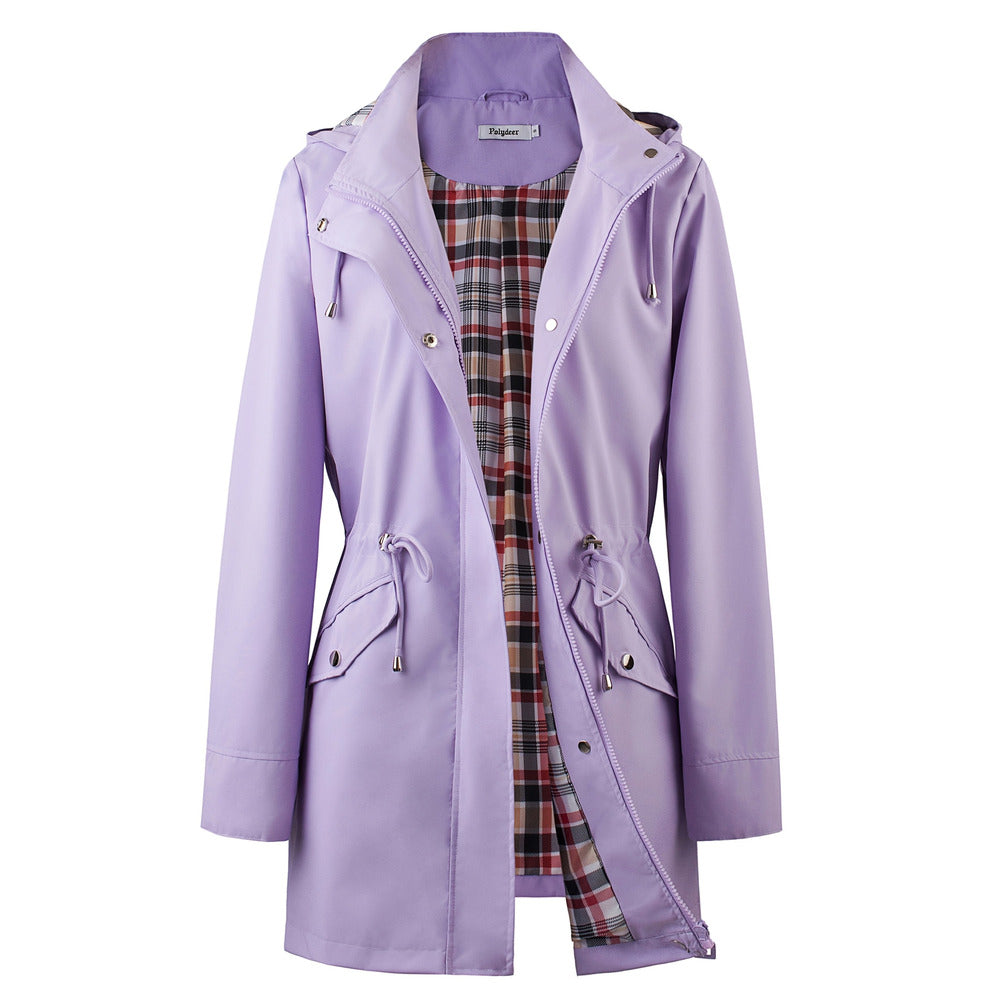 Women's hooded drawstring parka jacket in lilac, front view