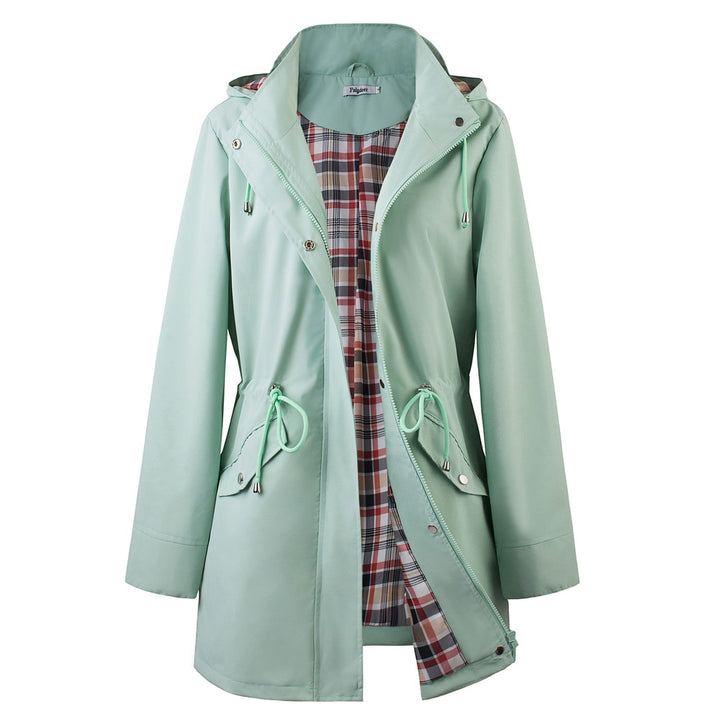 Women's hooded drawstring parka jacket in mint green, front view