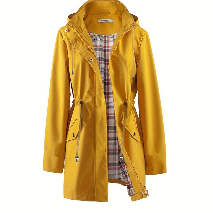 Women's hooded drawstring parka jacket in mustard