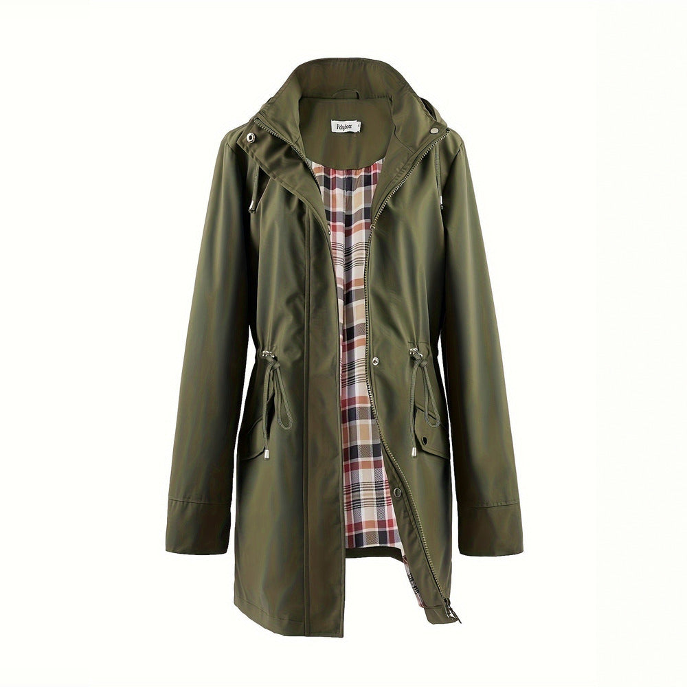 Women's hooded drawstring parka jacket in olive green, front view