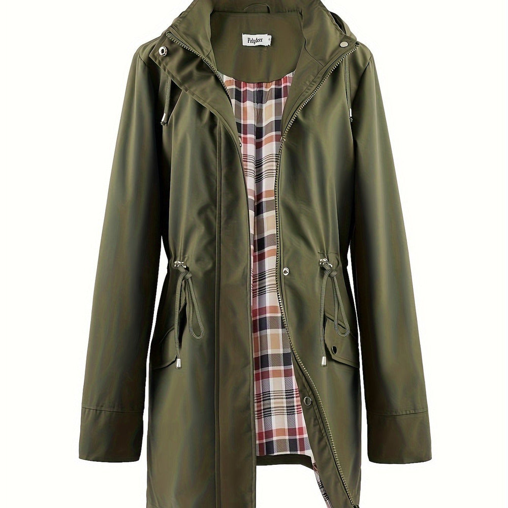 Women's hooded drawstring parka jacket in olive green