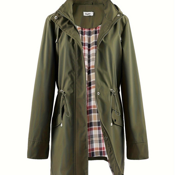 Women's hooded drawstring parka jacket in olive green