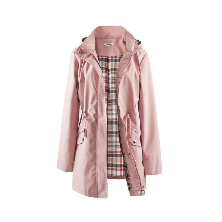 Women's hooded drawstring parka jacket in pink, front view