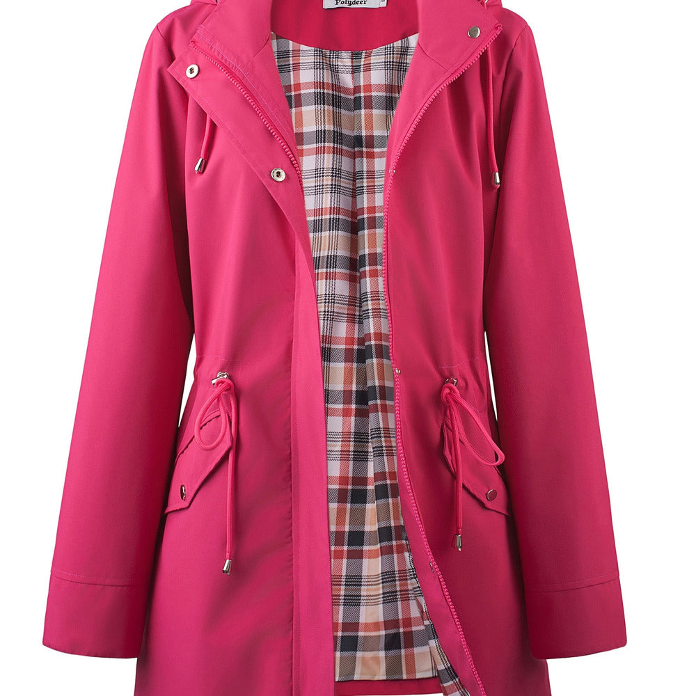 Women's hooded drawstring parka jacket in raspberry