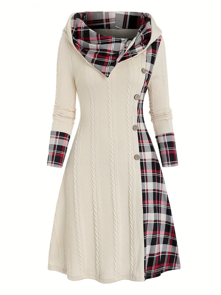 Women's plus size hooded cable knit midi dress with red and black check panel