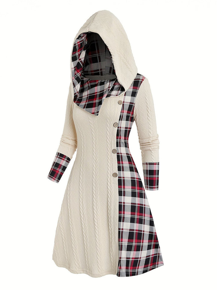 Women's plus size hooded cable knit midi dress with red and black check panel