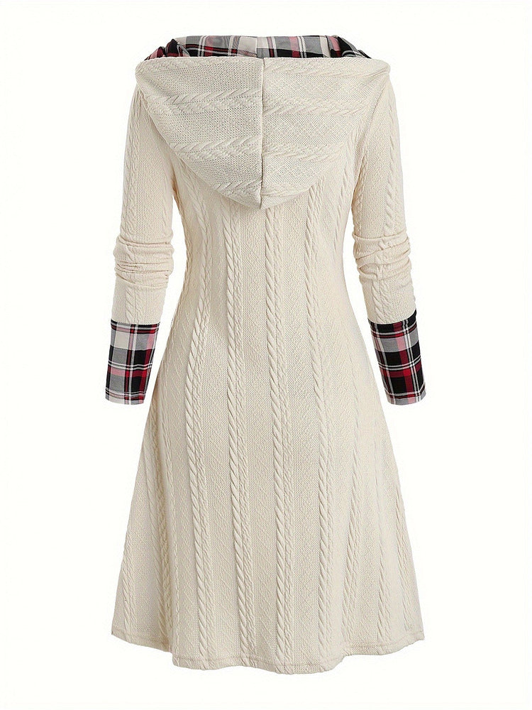 Women's plus size hooded cable knit midi dress with red and black check panel
