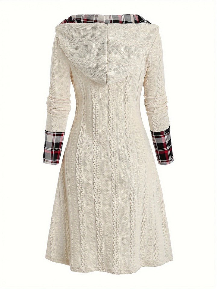 Women's plus size hooded cable knit midi dress with red and black check panel