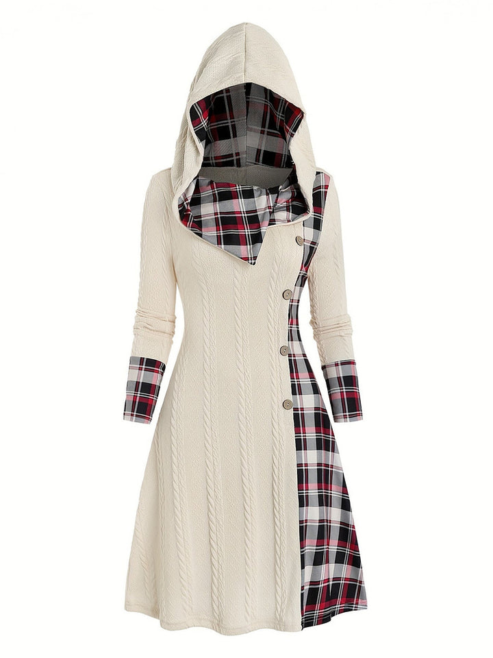 Women's plus size hooded cable knit midi dress with red and black check panel