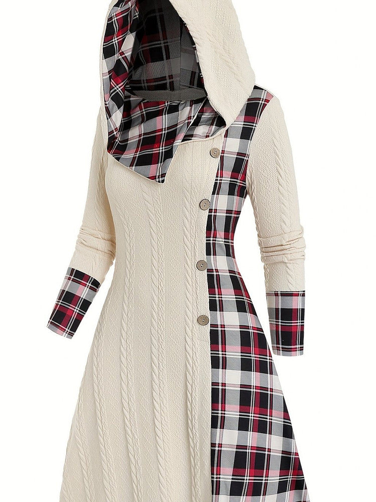 Women's plus size hooded cable knit midi dress with red and black check panel