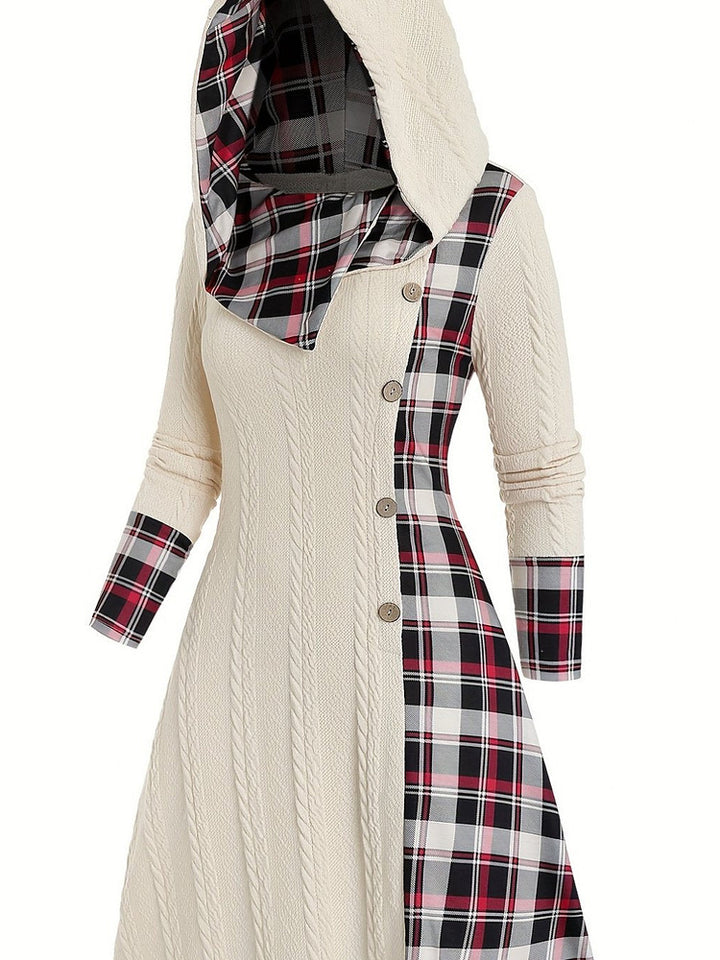 Women's plus size hooded cable knit midi dress with red and black check panel