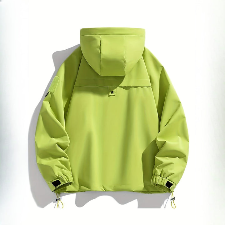 Women's windproof hooded mountain jacket in lime green, back view