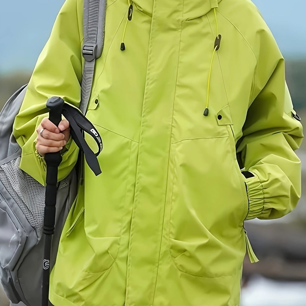 Women's windproof hooded mountain jacket in lime green